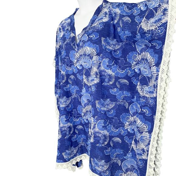 Pure Nordic Cotton House Dress Medium Beach Cover Kaftan Boho Blue Floral & Lace - Picture 4 of 8